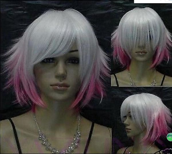 PERUK Bayanlar Fantezi Elbise Saç Peruk Kısa Beyaz Pembe Ombre Cosplay Parti Peruk Vogue İngiltere