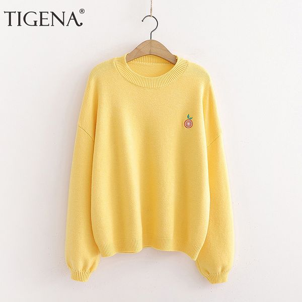 

tigena autumn winter sweater women 2020 korean loose embroidery fruit knit pullover jumper female green yellow knitwear clothes, White;black