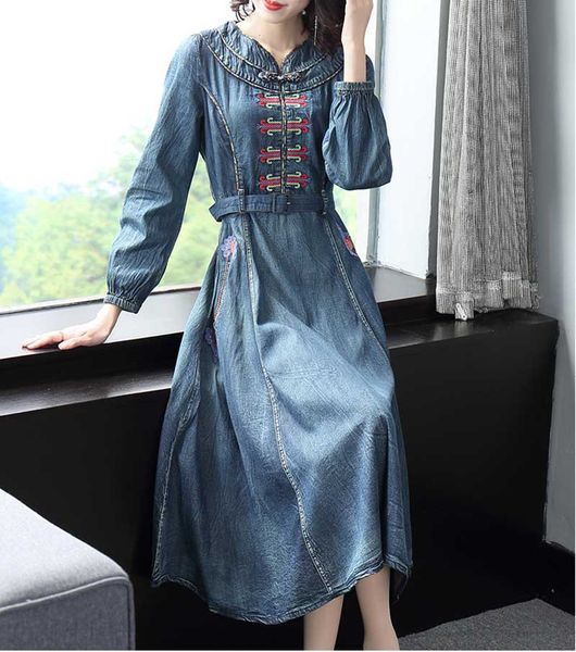 

2019 autumn and winter new dress long-sleeved waist belt mid-length denim skirt women, Black;gray