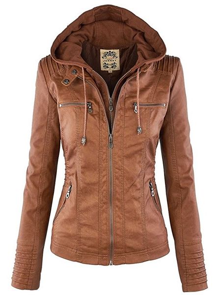 

promoti women's fashion hooded fake two piece faux leather jacket waterproof slim warm hooded leather jacket coat, Blue;black