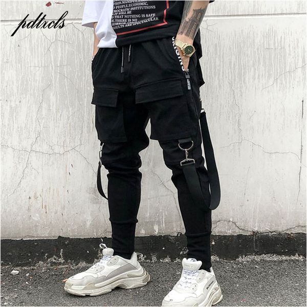 

49side pockets pencil pants men's hip hop patchwork cargo ripped sweatpants joggers trousers male fashion full length pants, Black