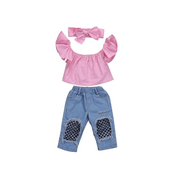 

2017 newborn infant baby girls fashion cute short sleeve off shoulder o-neck pullover pink shirt denim pants headband 3pcs, White
