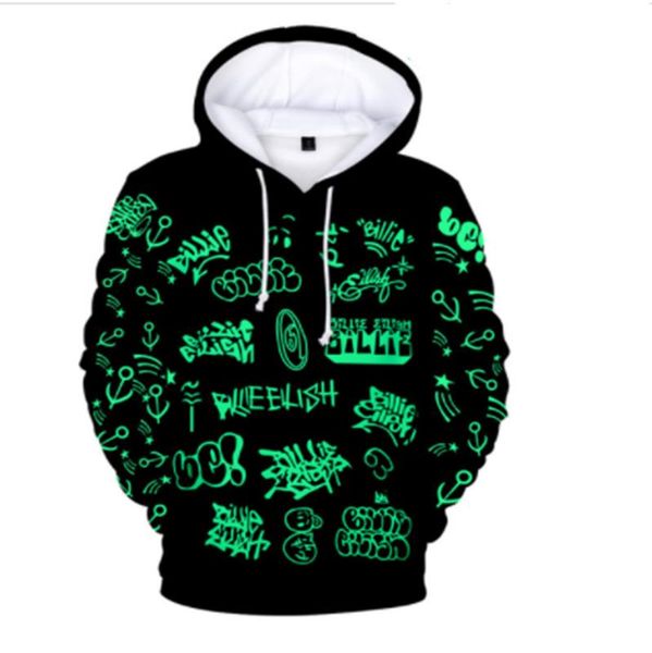 

личность 3d billie eilish толстовки женские мужские кофты harajuku с капюшоном вскользь девушки мальчиков толстовка 3d billie eilish куртки, Black