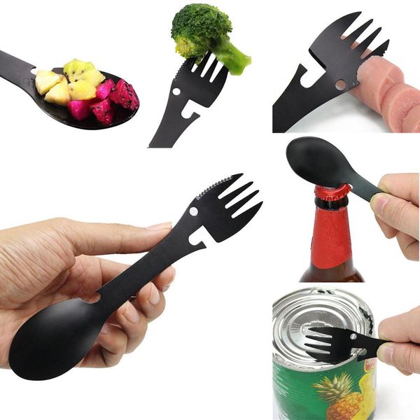 

2019 new multifunctional camping cookware spoon fork bottle opener portable tool stainless steel tableware black