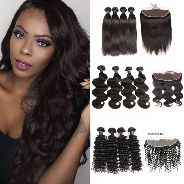 

индийская 13x4 кружева фронтальная с 4 пучками объемная волна прямая предварительно сорванная кружева фронтальная с пучками глубокая волна ч, Black