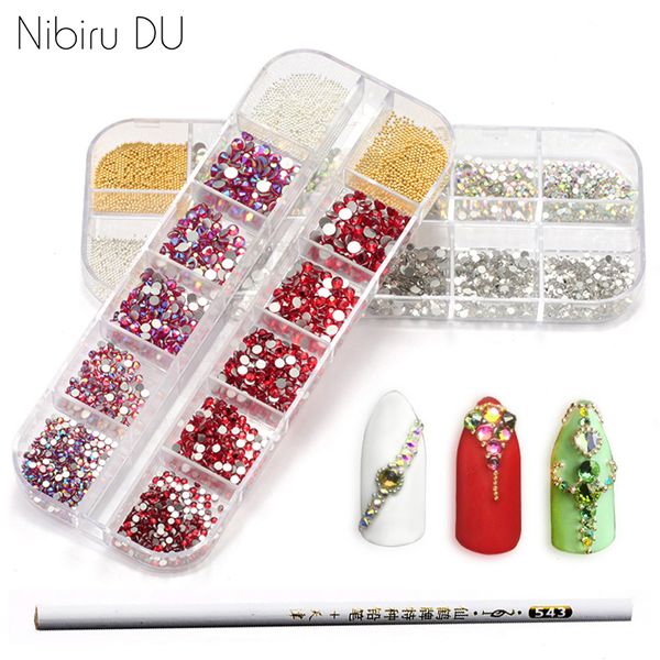 

1 box double colorful mixed size strass crystal glass rhinestone with metal beads nail rhinestones for nails art decorations, Silver;gold