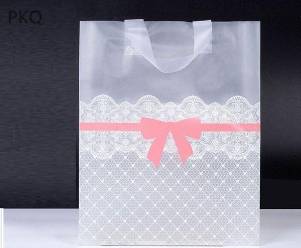 

25pcs/lot lace bowknot plastic shopping bag with handle cloth gift packaging pouches frosted package handle bag large gift bags