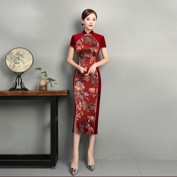 

green velvet cheongsam stretch qipao long traditional chinese dress oriental style evening dresses cheongsams velour improve, Red