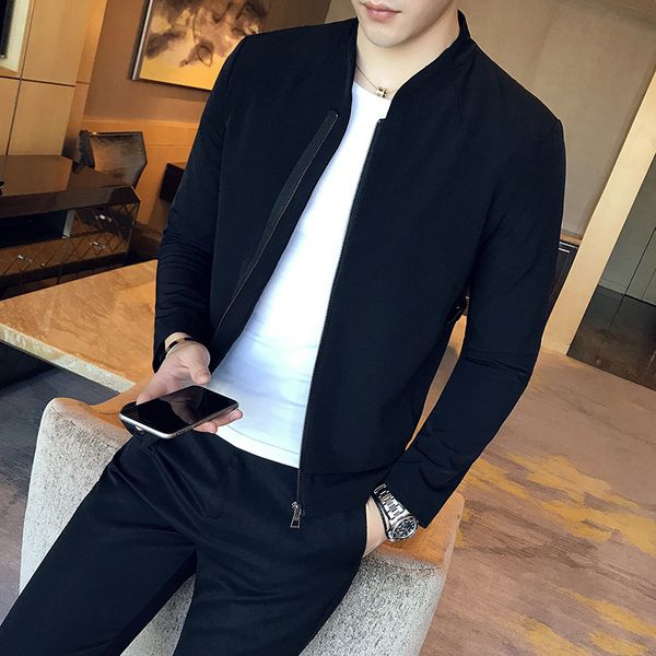 

2019 spring and autumn new simple fashion solid color dark pocket craft ribbon stitching casual wind jacket coat quality male, Black;brown