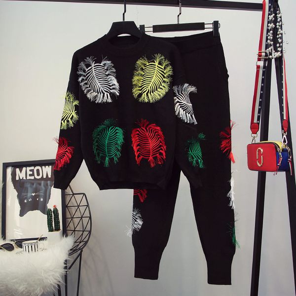 

european station 2018 autumn and winter new color matching tassel leaves long-sleeved sweater women's trousers fashion suit, Gray