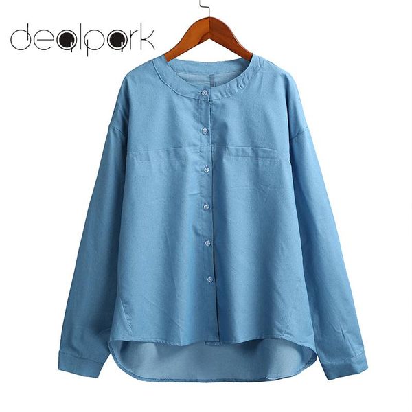 

fashion woman blouses 2019 summer denim shirt button front o-neck long sleeve tunic casual office ladies blouse female shirt, White