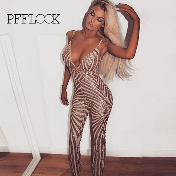 

pfflook sequined party long jumpsuit spaghetti strap backless sheath women jumpsuit elegant fashion summer slim body femme, Black;white