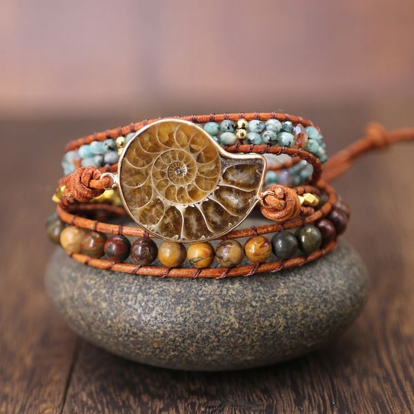 

ammonite fossils seashell snail charm handmade wrap bracelet ocean reliquiae conch animal boho braied bracelet for men&women, Golden;silver