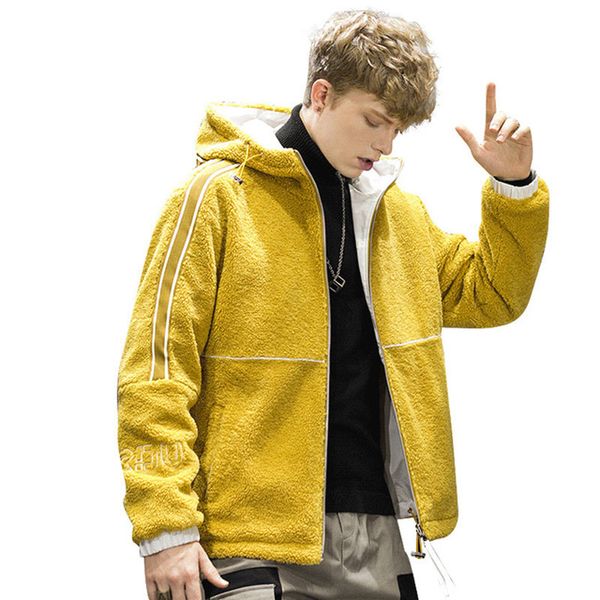 

2020 autumn and winter men coat new trend casual hooded sportswear men's jacket double-sided lamb fur coat, Black;brown