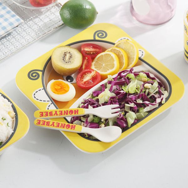 

5pcs/set cartoon animal plate+bow+fork+cup baby dinnerware feeding set bamboo fiber baby lovely children container tableware set
