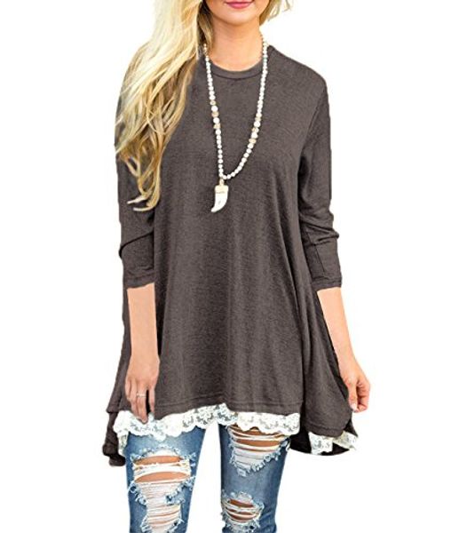 

sanifer women's lace 3/4 sleeve tunic for leggings long tunic dress, Black;gray