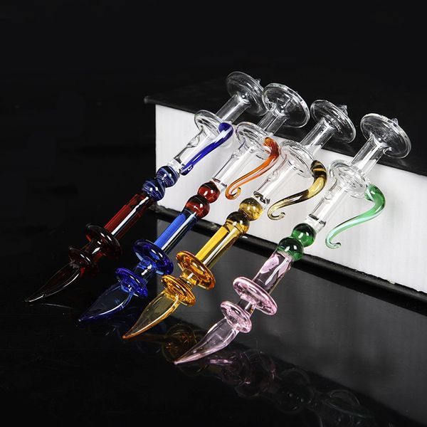 Agradável colorido Forma pirex de vidro Handmade Samurai Faca Bong Hookah Oil Rigs Pá Dabber Wax Colher design inovador portátil fumadores Ferramenta