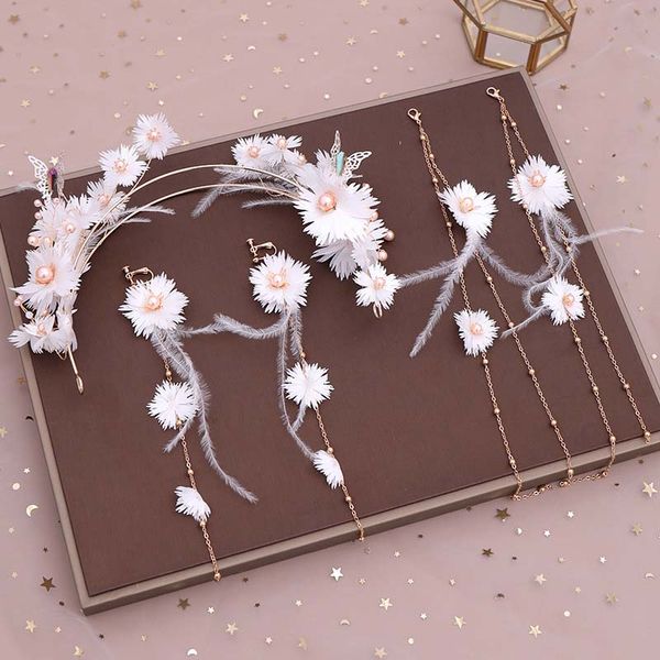 

korean fairy white flower handmade weave hairband with long feather tassels earrings bride wedding hair accessories jewelry sets, Slivery;golden