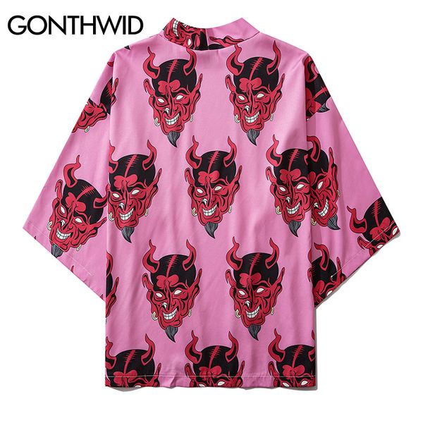 

gonthwid harajuku devil print kimono cardigan shirts jackets streetwear hip hop men summer casual japanese front open coats, Black;brown