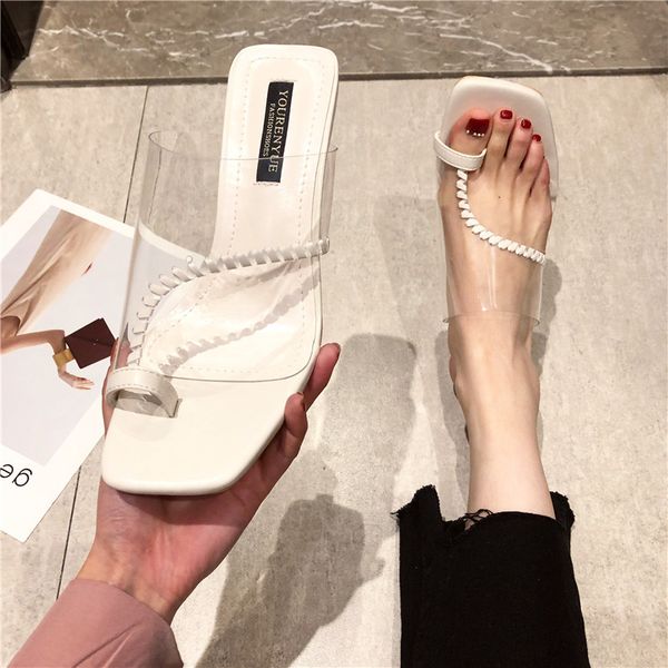 

med thin heels shoes woman 2020 rubber flip flops slippers casual low jelly slides slipers women hawaiian transparent, Black