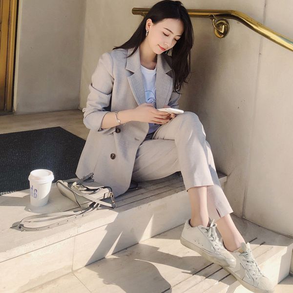 

2019 autumn winter fashion women blazer suits notch collar blazer jacket +elastic waist pants office wear women pant suits, White;black