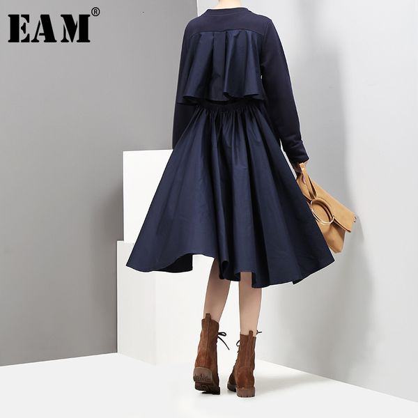 

eam] women backless hollow out pleated temperament dress new round neck long sleeve loose fit fashion spring autumn 2020 1d753, Black;gray
