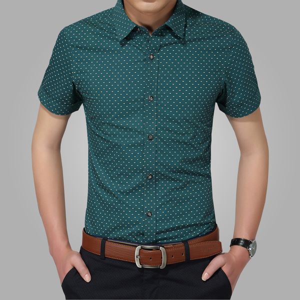 

2016 New Men Shirts Brand Turn -Down Collar Slim Fit Mens Chemise Homme Casual Summer Beach Dot Shirt Short Sleeve Printed 5xl