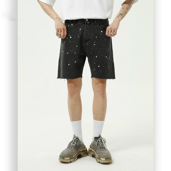 

male japan korea style streetwear vintage fashion hip hop denim shorts men paint dot casual knee length jean shorts, Blue