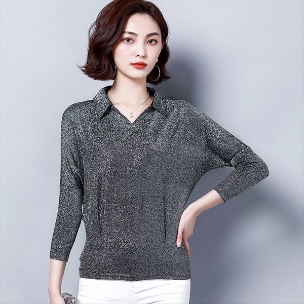 

nl9101 @ 2019 season v-neck loose women's long-sleeved t- silk t-shirt shirt middle-aged and elderly bright silk top, White