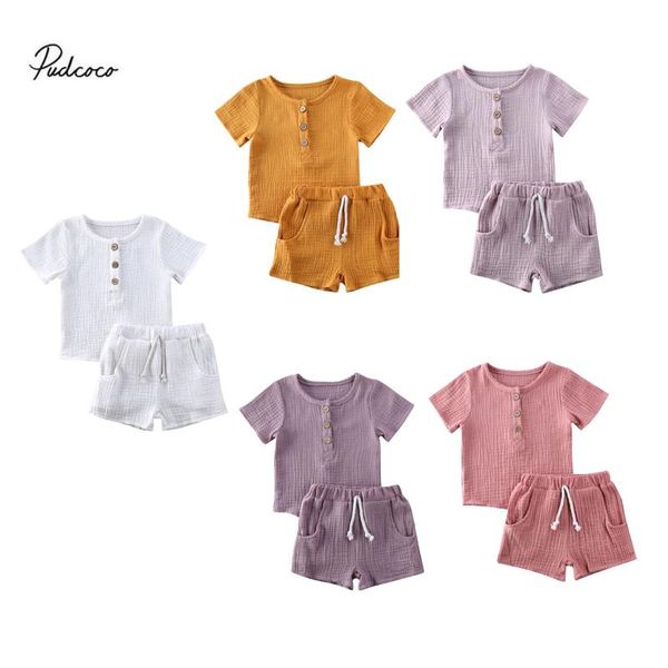 

2020 baby summer clothing toddler kids baby boys cotton linen casual clothes t-shirt &pants short sleeve outfit 2pcs set, White