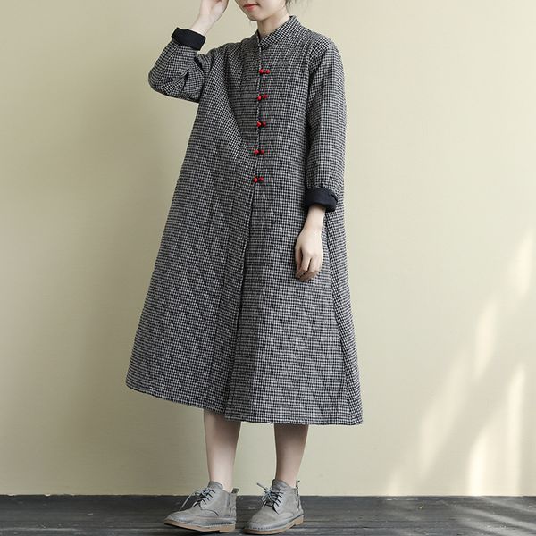 

winter parkas women retro loose long padded warm coat new v-neck button plaid casual all-match parkas overcoat 2019, Black