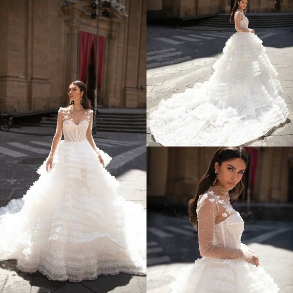 

2020 milla nova boho wedding dresses a line high collar sweep train lace appliqued beach bridal gowns tiered skirts bohemia robes de mariÃ©e, White