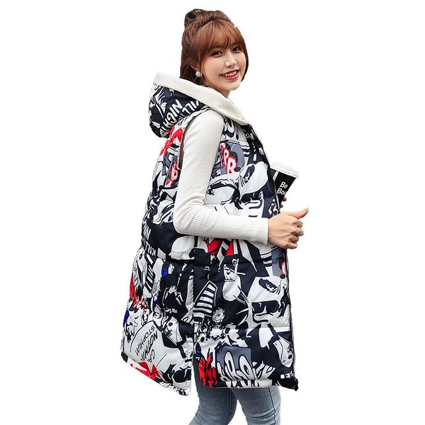 

2019 new brand winter women's jacket windproof warm long cotton waistcoat casual sleeveless hooded femme coat veste, Black;white