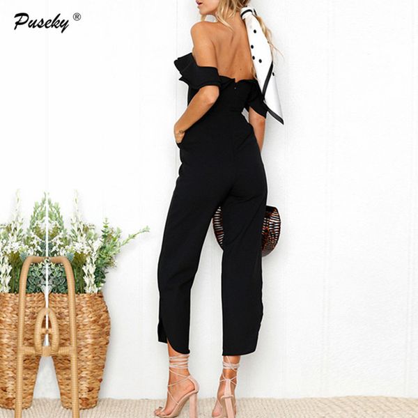 

casual overall femme clothing backless off shoulder black jumpsuit women tiered ruffle high waist jumpsuit romper split, Black;white