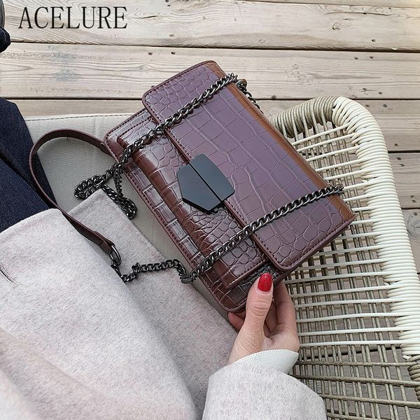 

acelure solid color stone pattern pu leather crossbody bag women small shoulder messenger bag metal chain handbag shopping purse