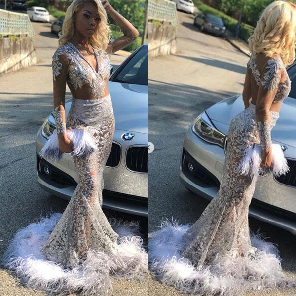 

2019 glitter silver sequin mermaid black girls prom dresses reflective feathers train long sleeves open back african graduation party dress