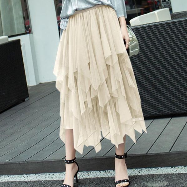 

jaycosin skirt fashion women spring high elastic waist mesh tutu skirt irregular long solid casual ropa mujer erotica, Black