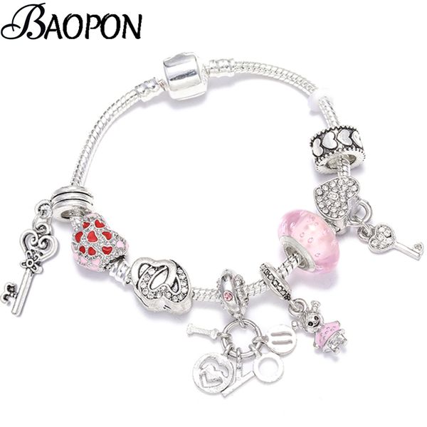 

silver plated pink glass murano beads charm bracelet with i love you pendant fits fine bracelet bangles for lover women gift, Golden;silver