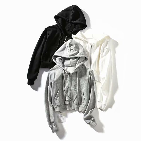 

women's slim loose hooded zip-up hoodie coat jogging hoodie slim solid color hoodie jogging top, Black