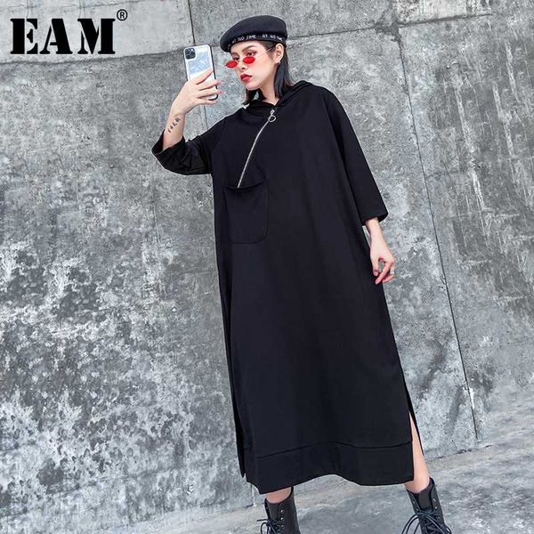 

eam] women black zipper split joint big size dress new hooded long sleeve loose fit fashion tide spring autumn 2020 1r670, Black;gray
