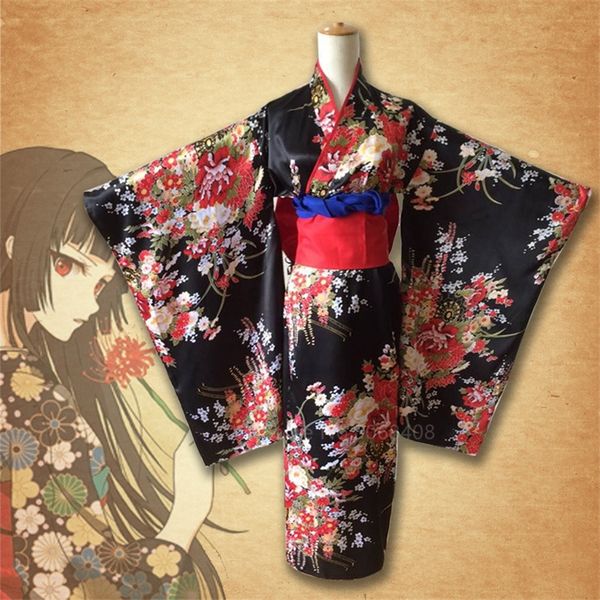 

japanese traditional kimono dress anime hell girl cosplay costume obi haori vintage floral robe stage fancy wear halloween dark, Blue