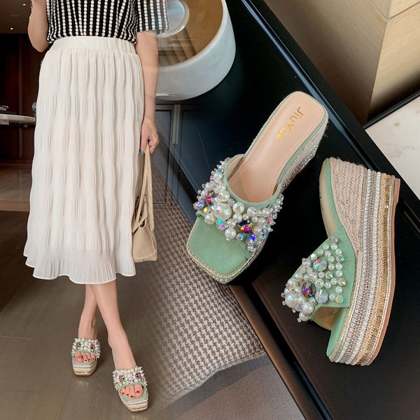 

shoes slippers women summer on a wedge slides pantofle string bead heeled mules soft 2020 heels pumps high rome, Black