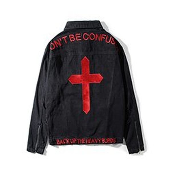 

hip hop men's denim jackets cross embroidery printed jackets spring autumn coat outerwear, Black;brown