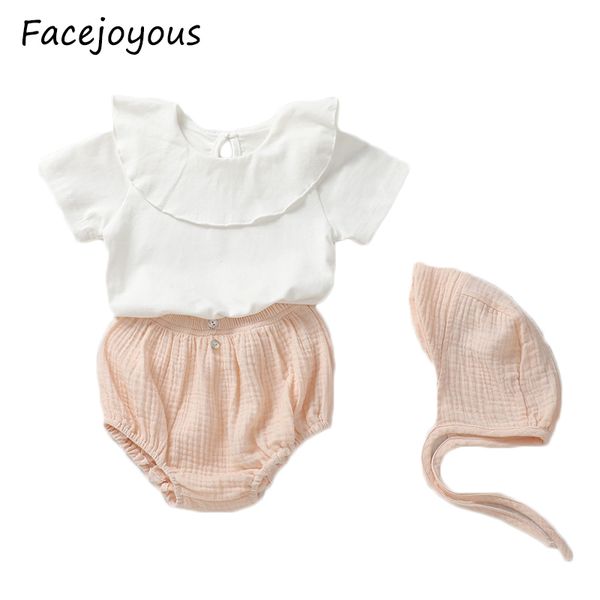 

newborn toddler baby girl clothes set 3pcs ruffles short sleeve shorts suit summer casual cotton linen outfits set with hat, White