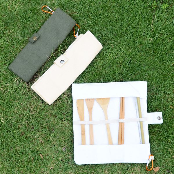 

canvas travel cutlery carrying case for spoon fork chopsticks portable outdoor tableware storage bag with carabiner hook