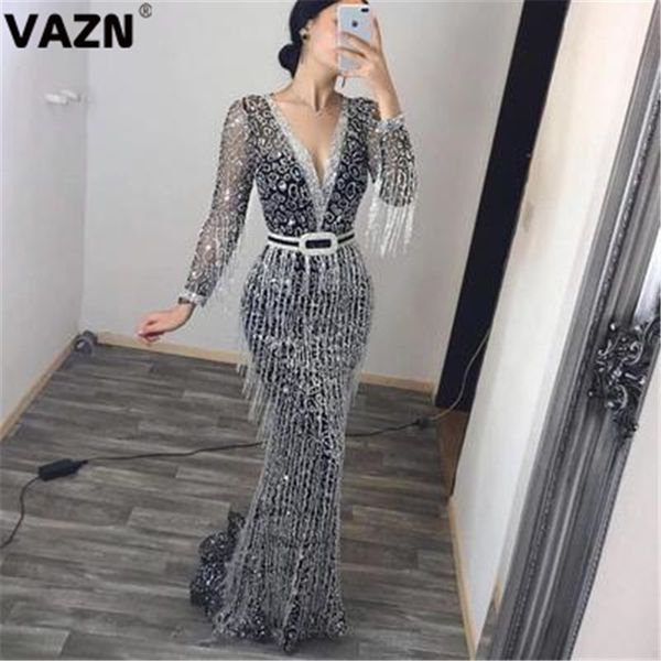 

vazn office lady elegant mermaid 2020 party club fashion women full sleeve v-neck dress lady skinny maxi dress, Black;pink