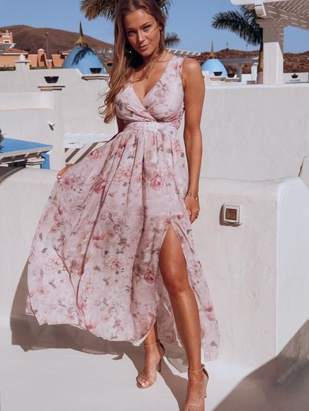 

fashion women printed dresses 2020 new summer womens designer dresses v neck split sleeveless dress 2 colors size s-2xl, Black;gray