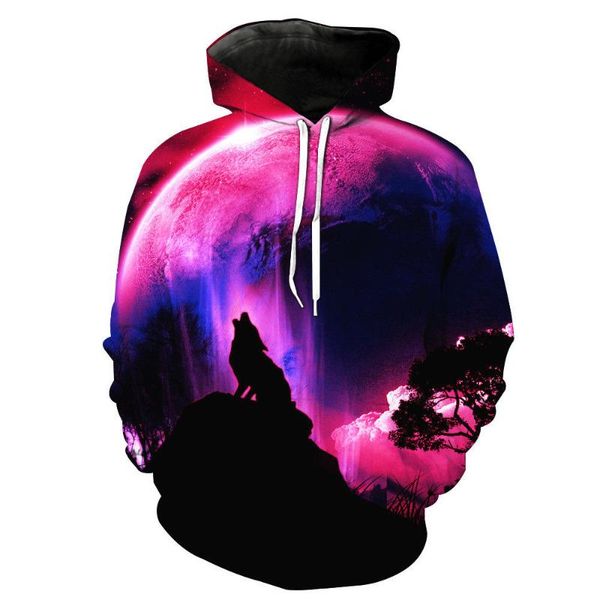 

biaolun fashion galaxy space 3d hoodie bright wolf print hoodies sweatshirts men women hooded pullovers animal 3d, Black