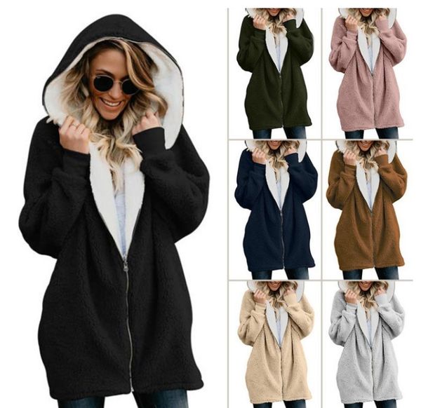 

women winter plush coats solid warm thick long fur coat plus size hoodies outerwear jackets female clothing, Black