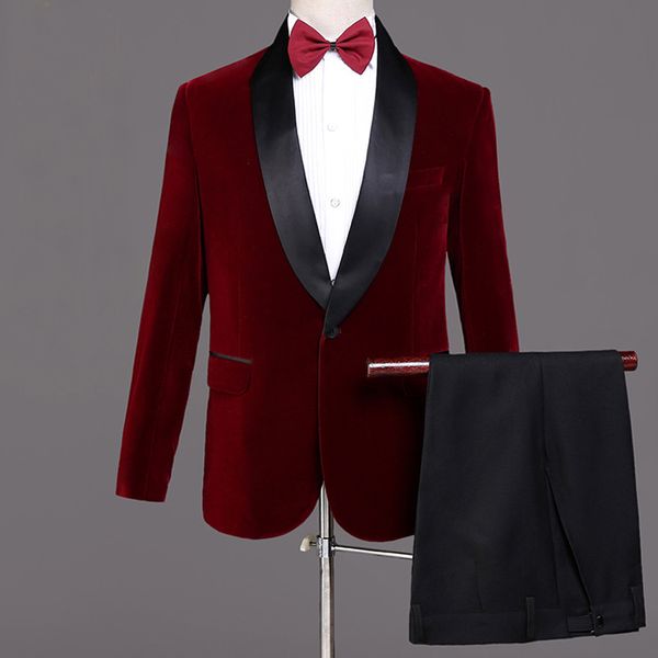 Ucuz Yakışıklı Damat Düğün Smokin Kırmızı Bir Düğme Erkekler Siyah Şal Yaka 2 Parça Suitsmen Giymek Suits